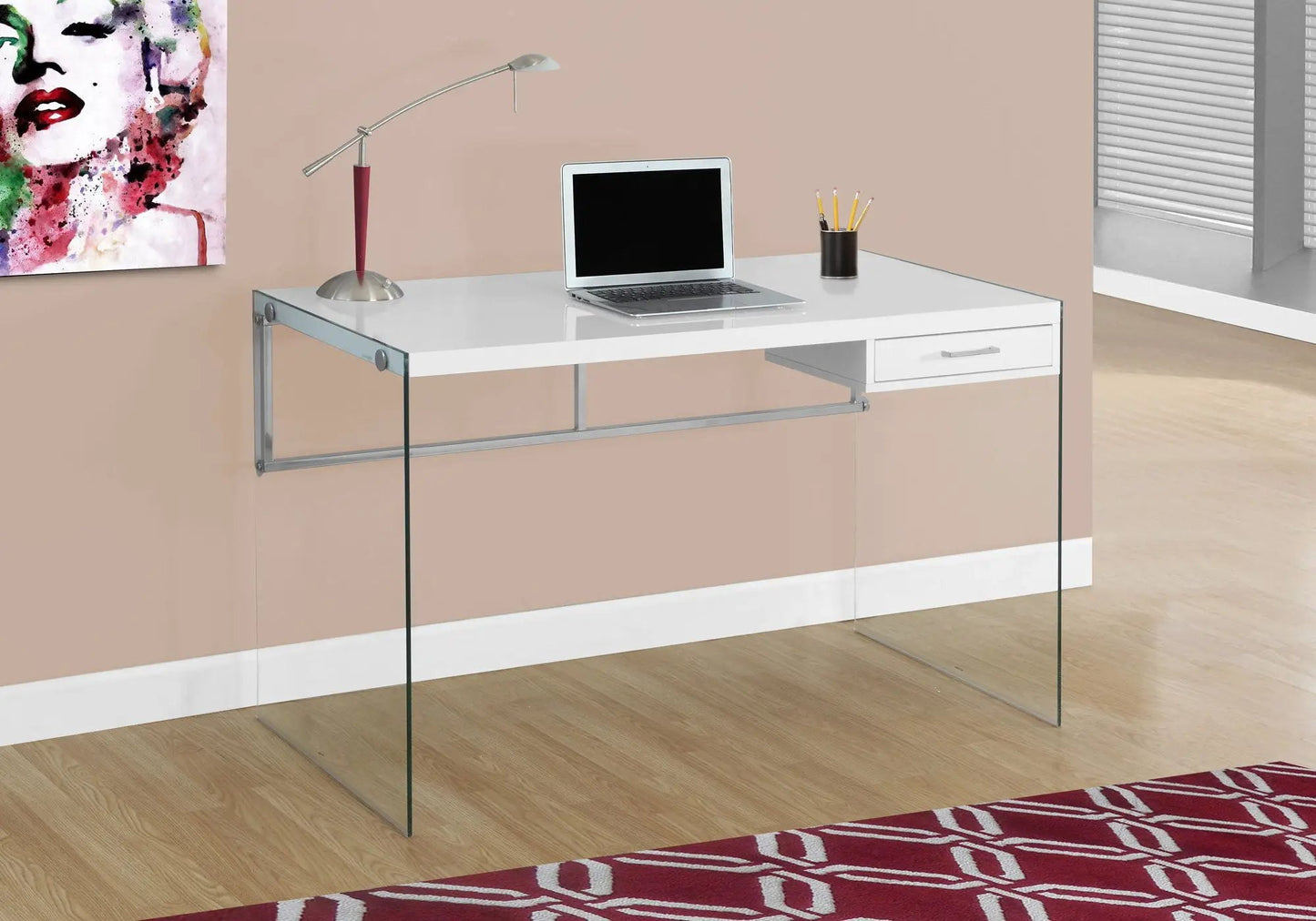 Contemporary white computer desk with glass sides and right drawer for home office on Tampa Home & Garden Store