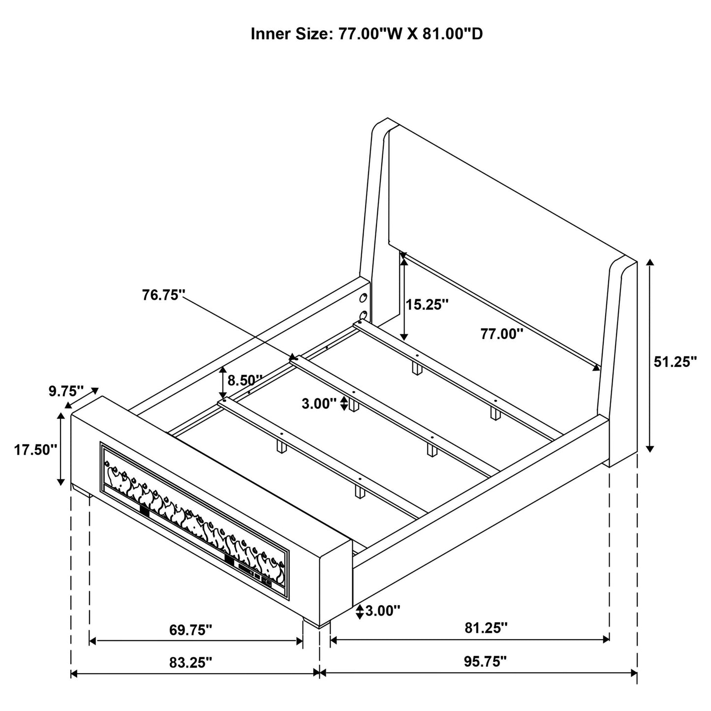 Modern Bed with Visual Flames and Bluetooth Audio