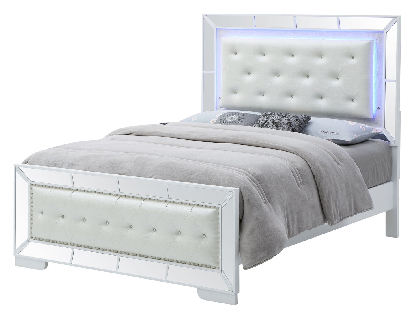 Elegant Modern Contemporary Bed with white tufted headboard and blue LED HouseOfZazla on Tampa Home & Garden Store