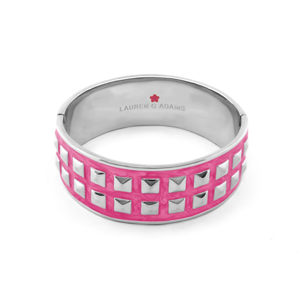 Stud Me Bangle bracelet by Lauren G Adams, pink enamel with silver square grid cutouts on Tampa Home & Garden Store