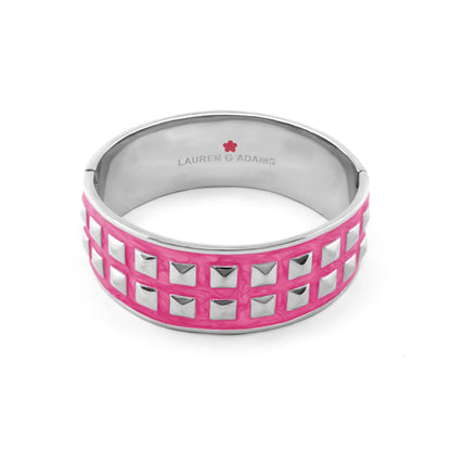 Stud Me Bangle bracelet by Lauren G Adams, pink enamel with silver square grid cutouts on Tampa Home & Garden Store
