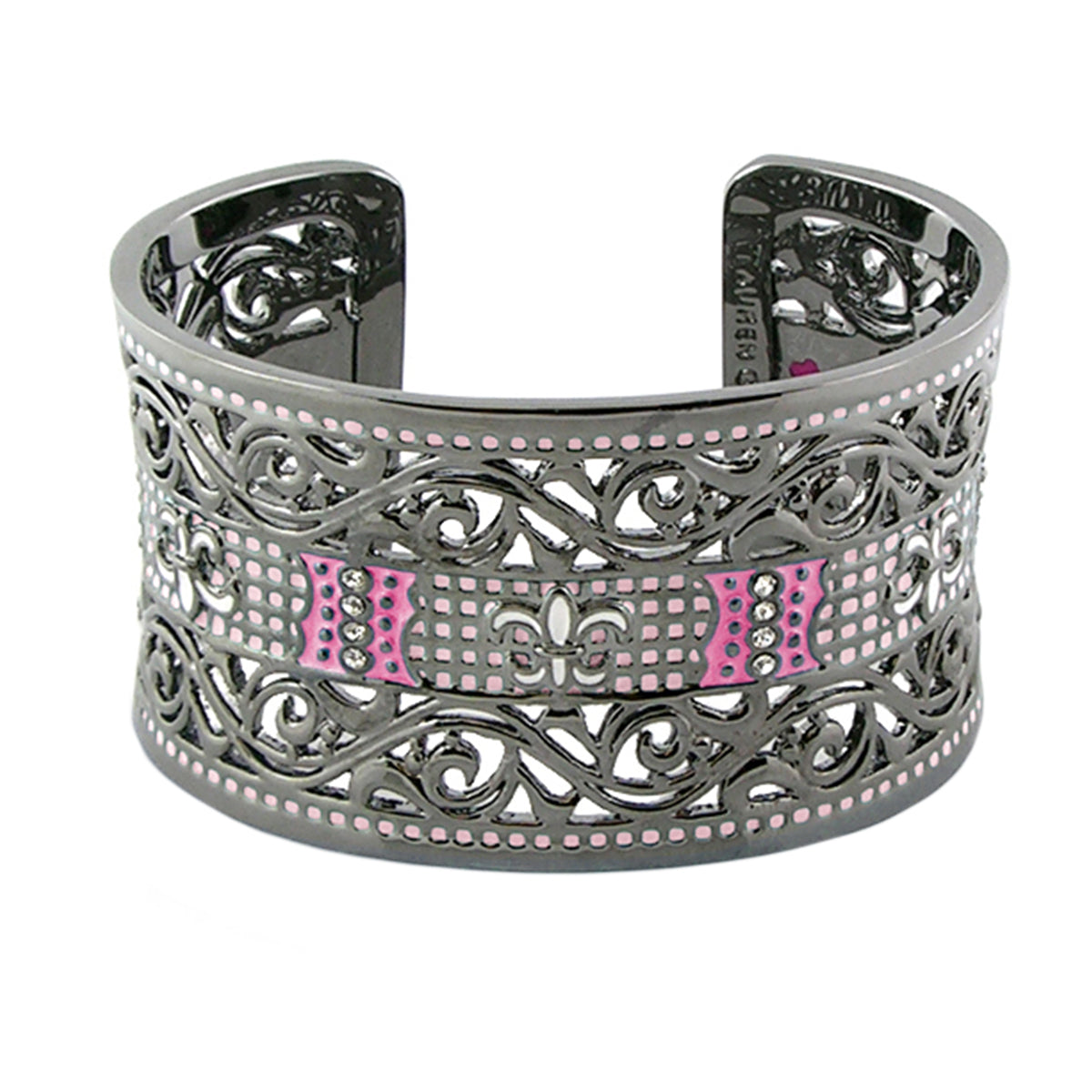 Knights of Love cuff bangle by Lauren G Adams, silver-tone filigree bracelet with pink accents on Tampa Home & Garden Store