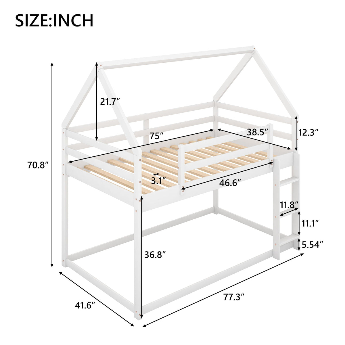 Low bunk bed with house-shaped frame and ladder in white wood on Tampa Home & Garden Store