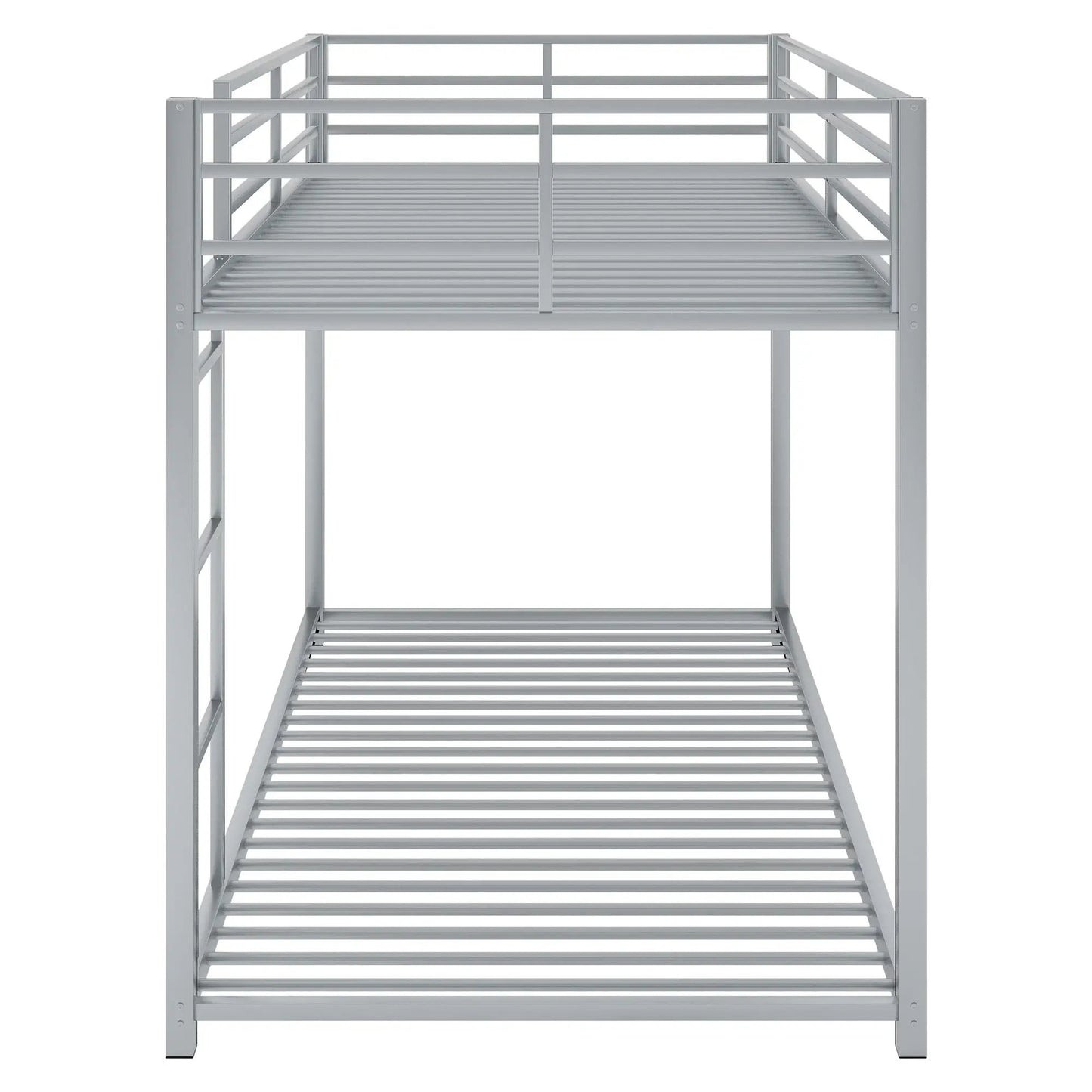 Metal bunk bed with low profile frame, ladder, silver finish and slatted bunks on Tampa Home & Garden Store