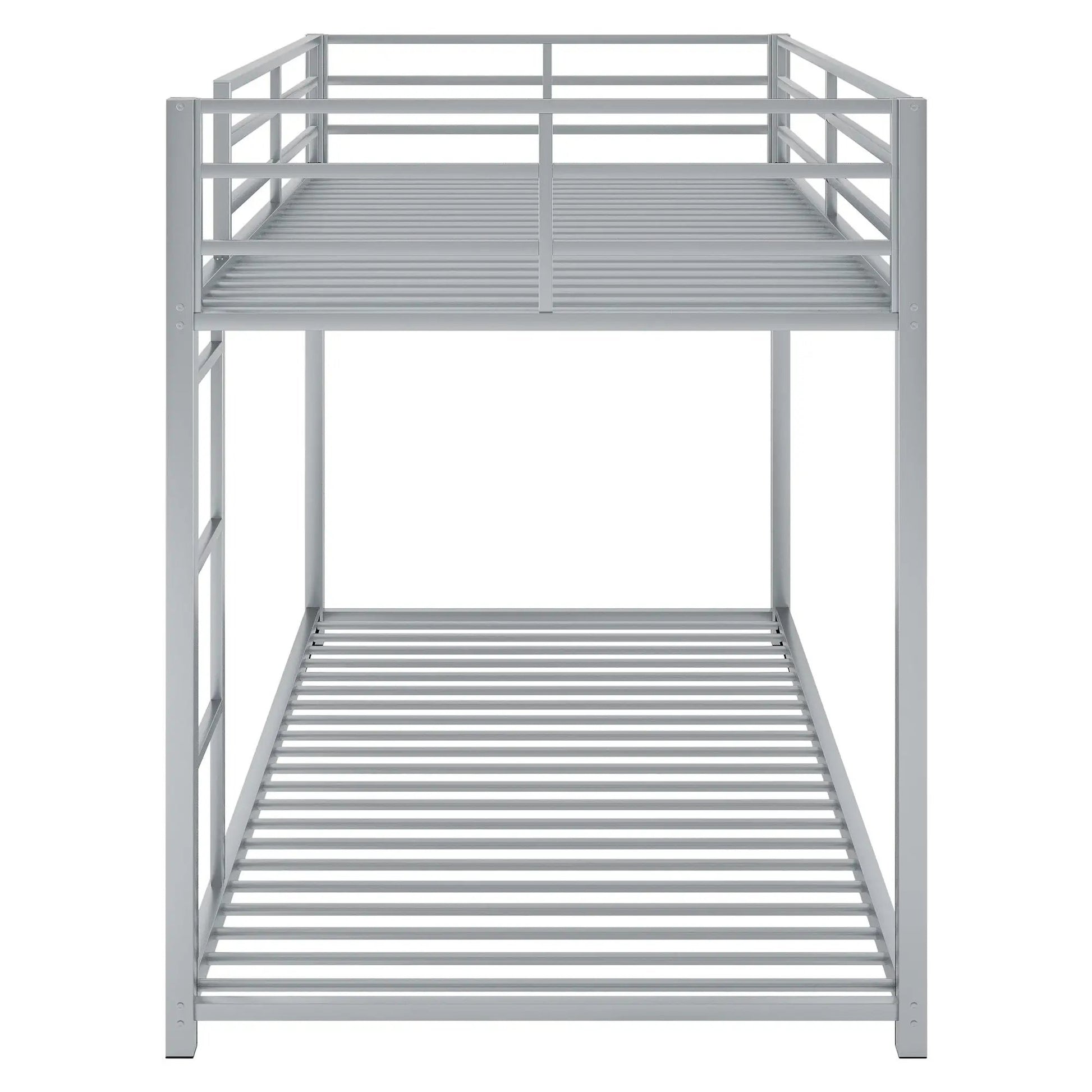 Metal bunk bed with low profile frame, ladder, silver finish and slatted bunks on Tampa Home & Garden Store