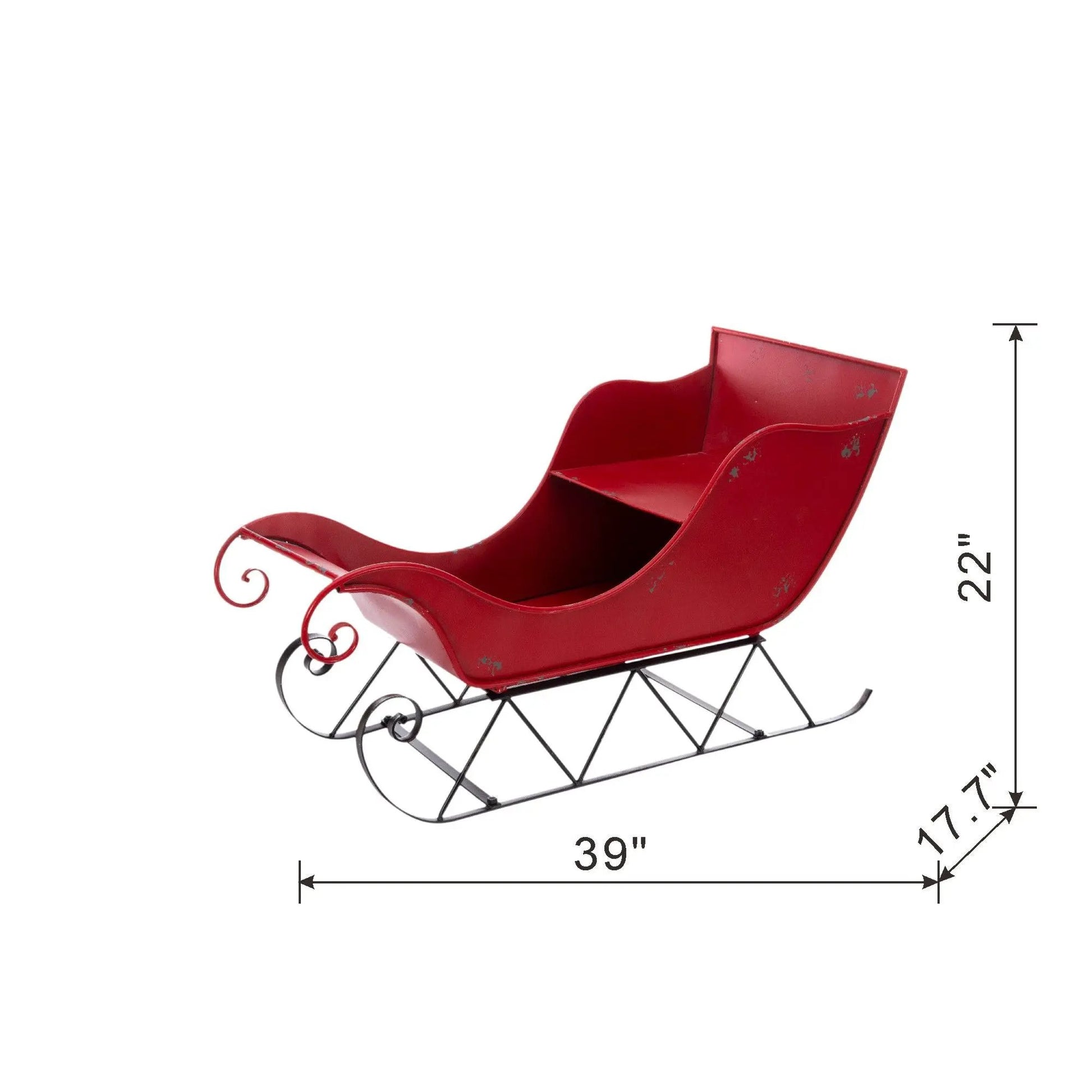 Iron Sleigh Large distressed red Santa sleigh holiday decoration with curling metal runners on Tampa Home & Garden Store