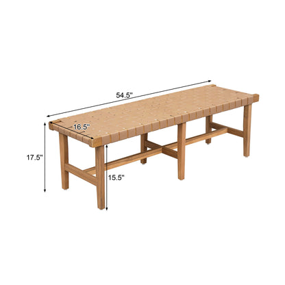 Acacia wood bedroom bench with woven PU leather seat in warm teak, 54.5 in long, on Tampa Home & Garden Store