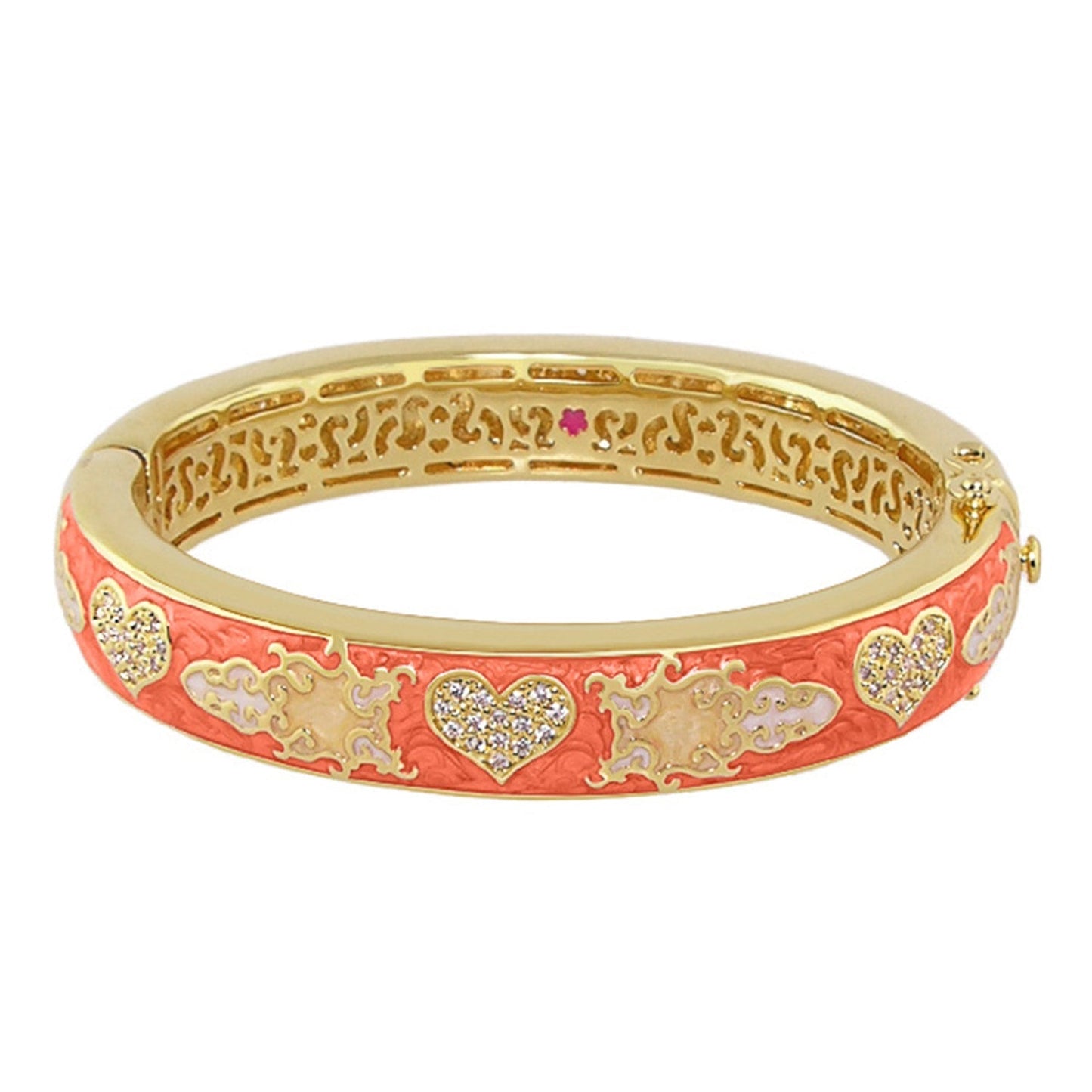 Peaceful Love Bangle by Lauren G Adams coral enamel hinged bracelet with heart crystals on Tampa Home & Garden Store