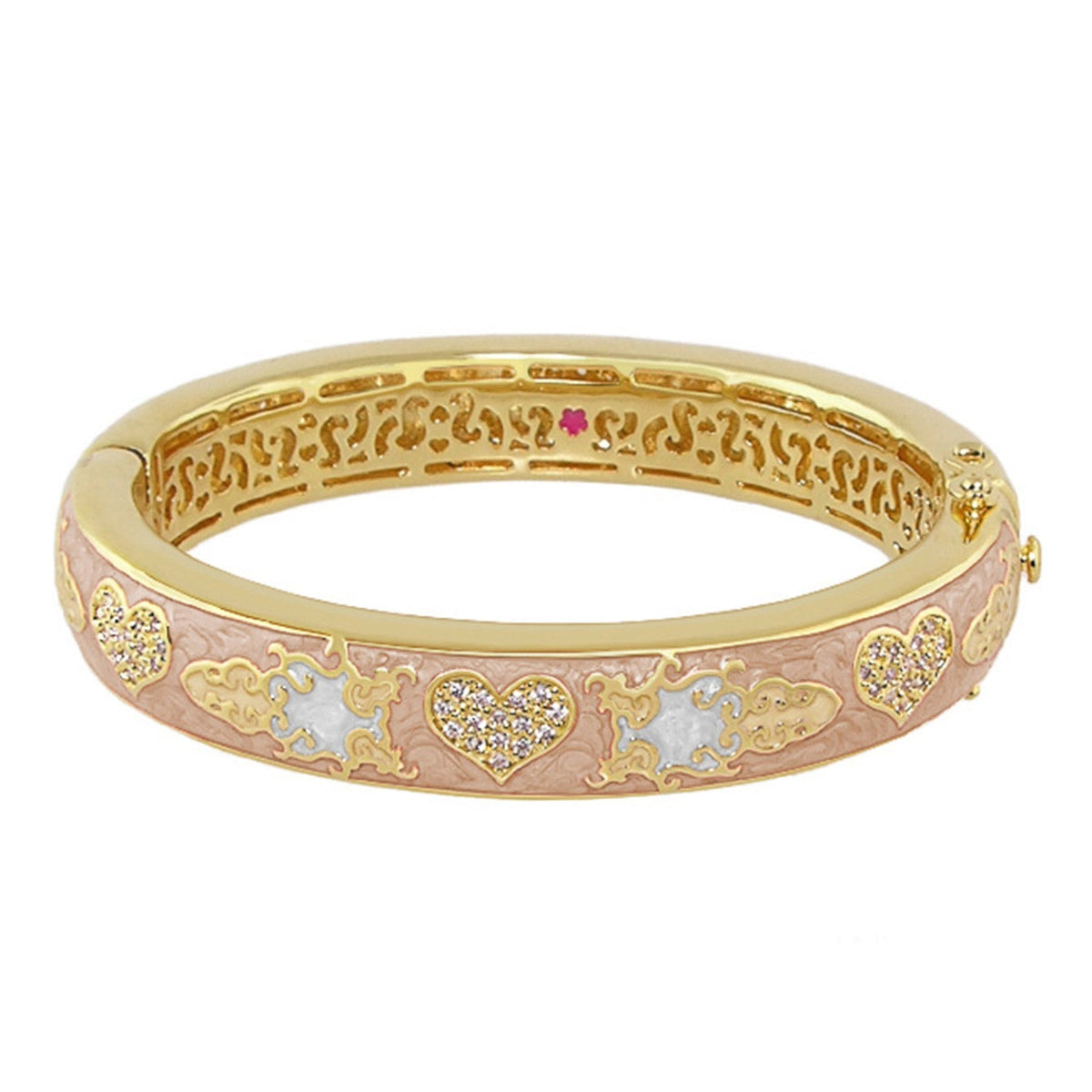 Peaceful Love Bangle by Lauren G Adams, gold-tone with pink enamel and heart filigree, hinged on Tampa Home & Garden Store