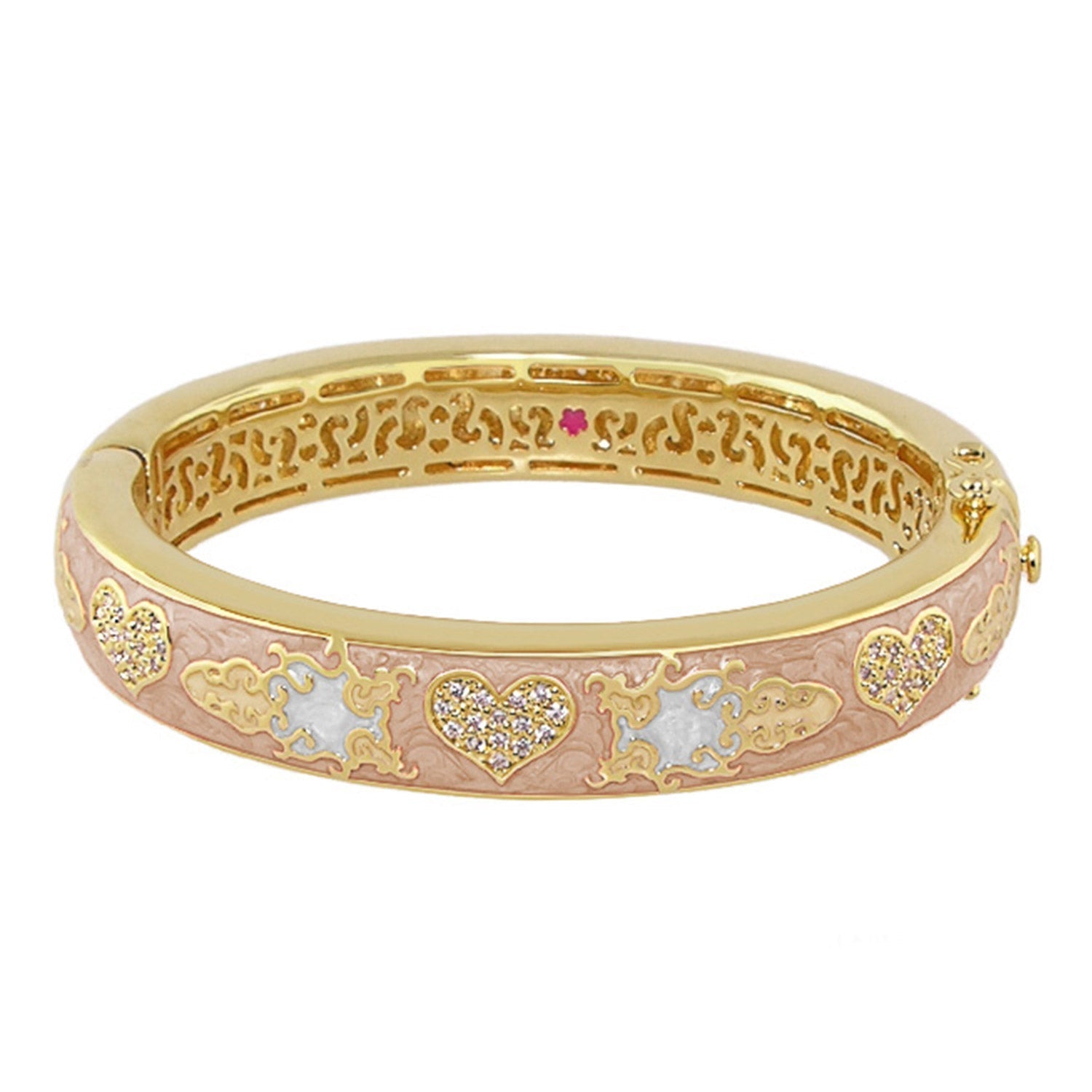 Peaceful Love Bangle by Lauren G Adams, gold-tone with pink enamel and heart filigree, hinged on Tampa Home & Garden Store