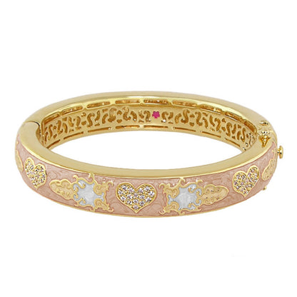 Peaceful Love Bangle by Lauren G Adams, gold-tone with pink enamel and heart filigree, hinged on Tampa Home & Garden Store