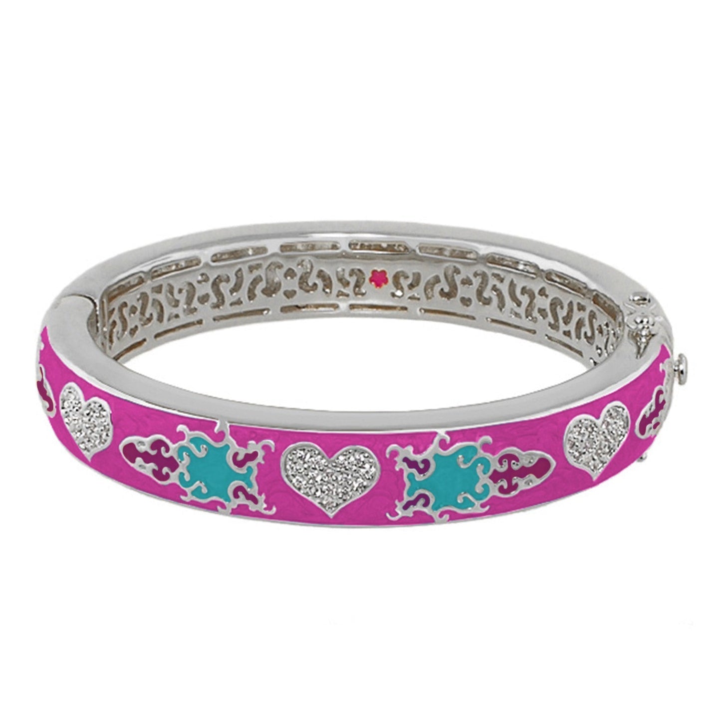 Peaceful Love Bangle by Lauren G Adams, pink enamel hinged bracelet with crystal hearts on Tampa Home & Garden Store