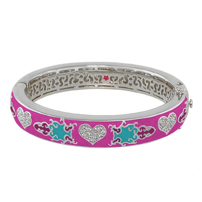 Peaceful Love Bangle by Lauren G Adams, pink enamel hinged bracelet with crystal hearts on Tampa Home & Garden Store