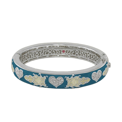 Peaceful Love Bangle teal enamel hinged bracelet with safety lock and crystal hearts on Tampa Home & Garden Store