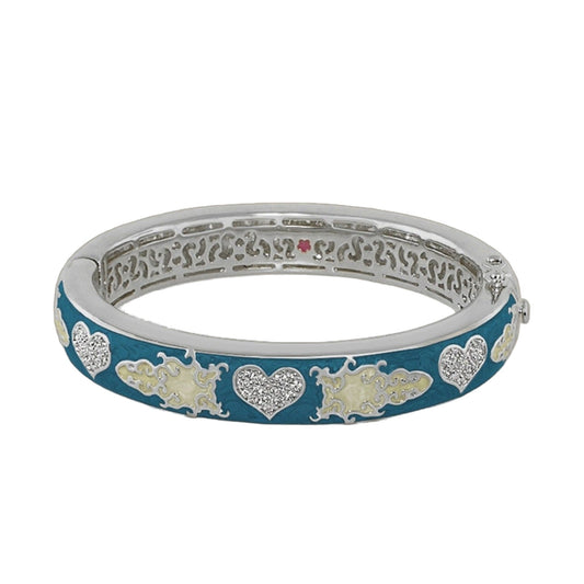 Peaceful Love Bangle teal enamel hinged bracelet with safety lock and crystal hearts on Tampa Home & Garden Store