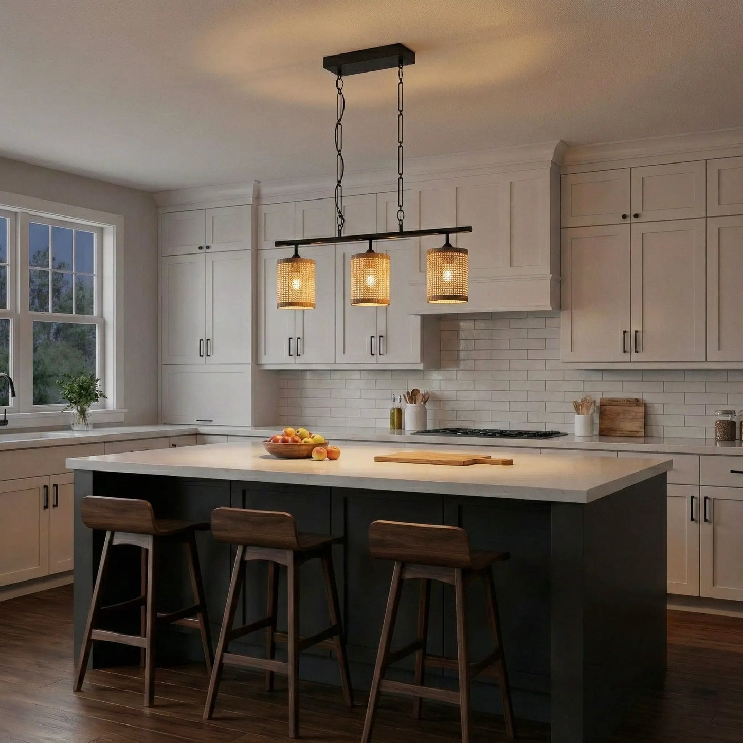 Elysian 3-light farmhouse ceiling lamp with black finish and natural rattan shades on Tampa Home & Garden Store