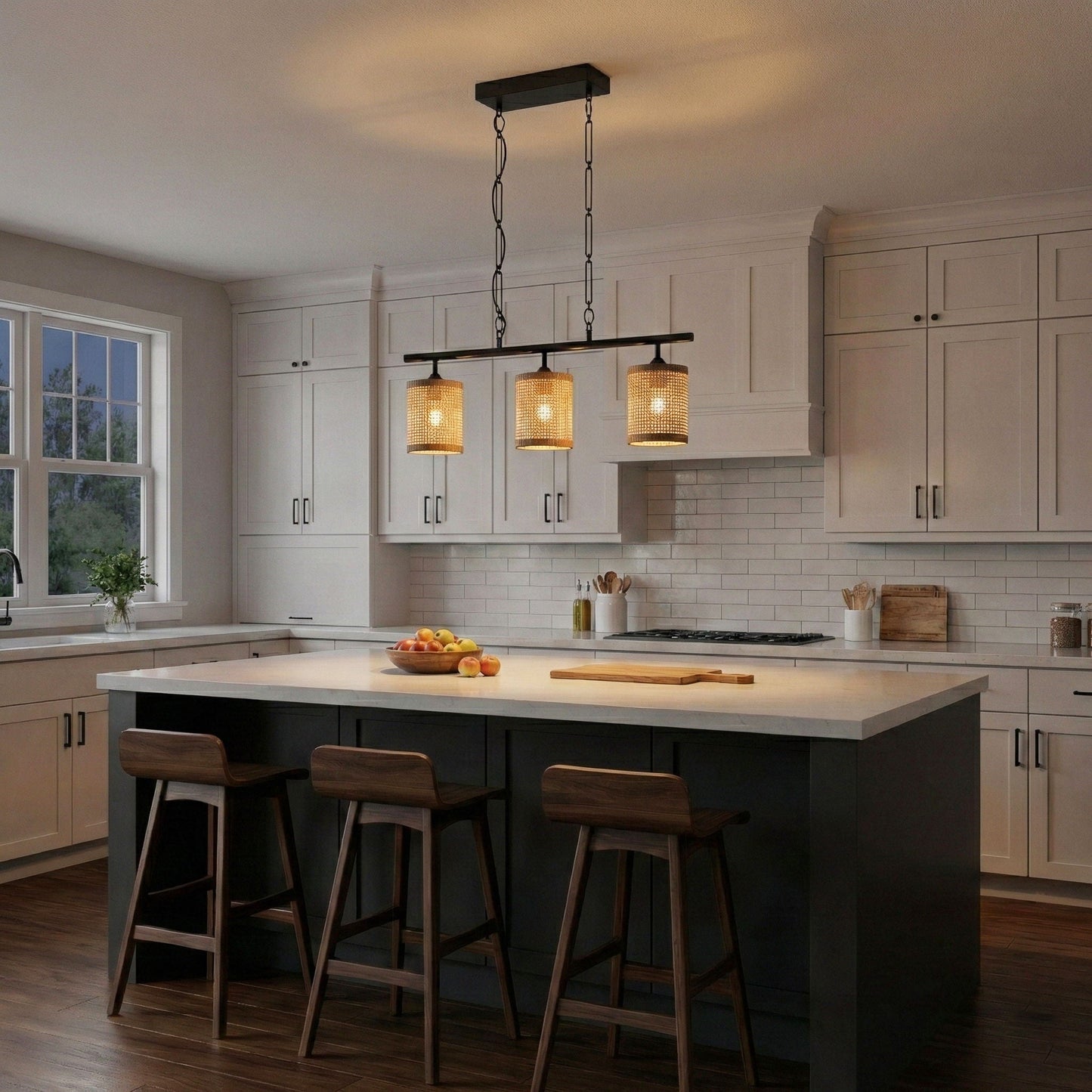 Elysian 3-light island ceiling lamp with black metal frame and natural rattan shade pendants on Tampa Home & Garden Store