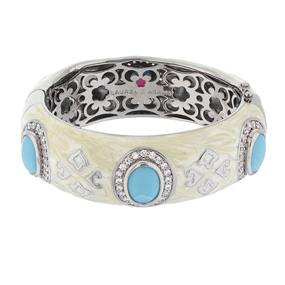 The Eilat Bangle, Lauren G Adams cream enamel bracelet with turquoise cabochons and halos on Tampa Home & Garden Store
