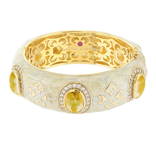 The Eilat Bangle by Lauren G Adams, white enamel with gold filigree and yellow gems on Tampa Home & Garden Store