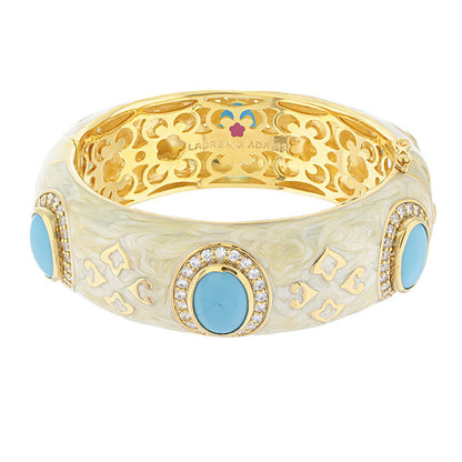 The Eilat Bangle by Lauren G Adams, gold interior with ivory enamel and turquoise cabochons on Tampa Home & Garden Store