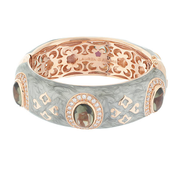 The Eilat Bangle by Lauren G Adams, gray bangle with gold-tone settings and green stones on Tampa Home & Garden Store