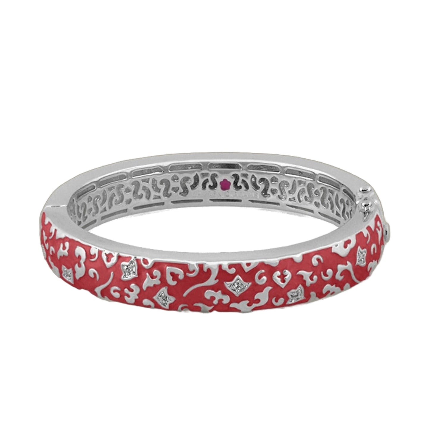 Fleur de Love hinged bangle by Lauren G Adams in red enamel with white pattern on Tampa Home & Garden Store