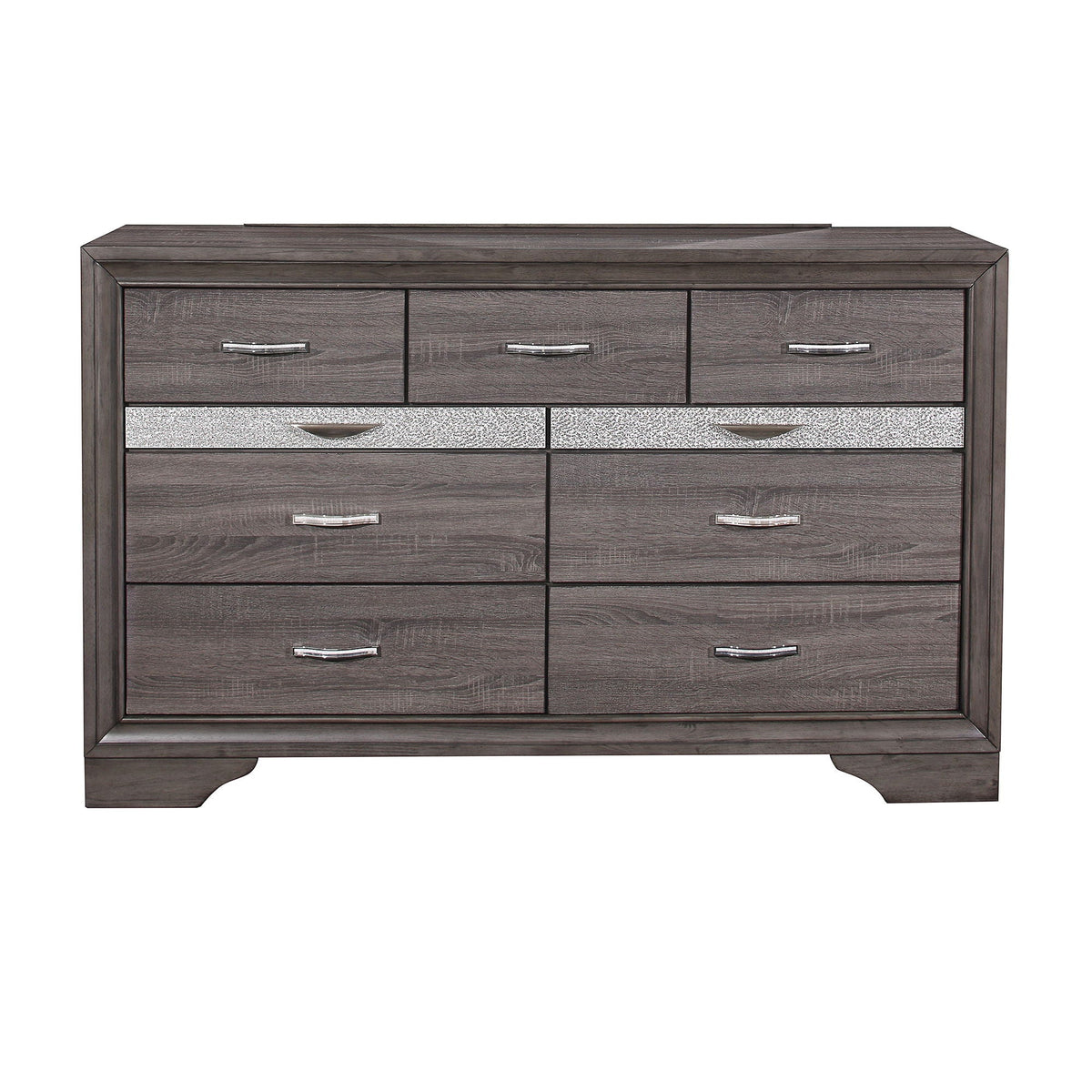 Gray wood dresser with three small top drawers and glittery silver drawers, metal handles on Tampa Home & Garden Store