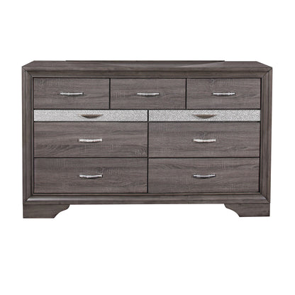 Gray wood dresser with three small top drawers and glittery silver drawers, metal handles on Tampa Home & Garden Store