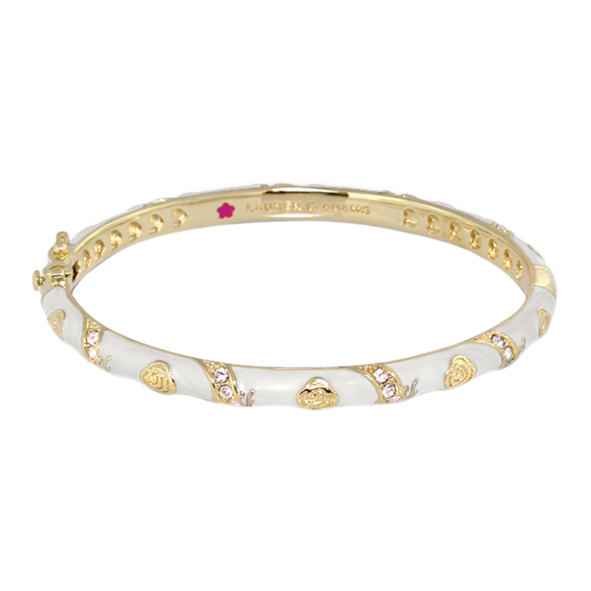 Stackable Fiesta Bangle by Lauren G Adams, white enamel bracelet with gold hearts and pavé on Tampa Home & Garden Store