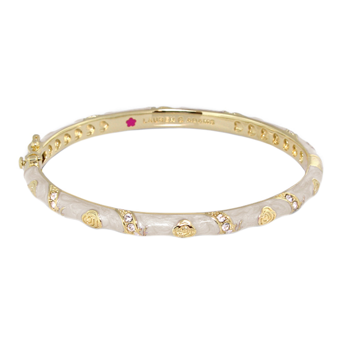 Stackable Fiesta Bangle Heart Pavé by Lauren G Adams, gold-tone bracelet with white enamel hearts and pavé crystals on Tampa Home & Garden Store