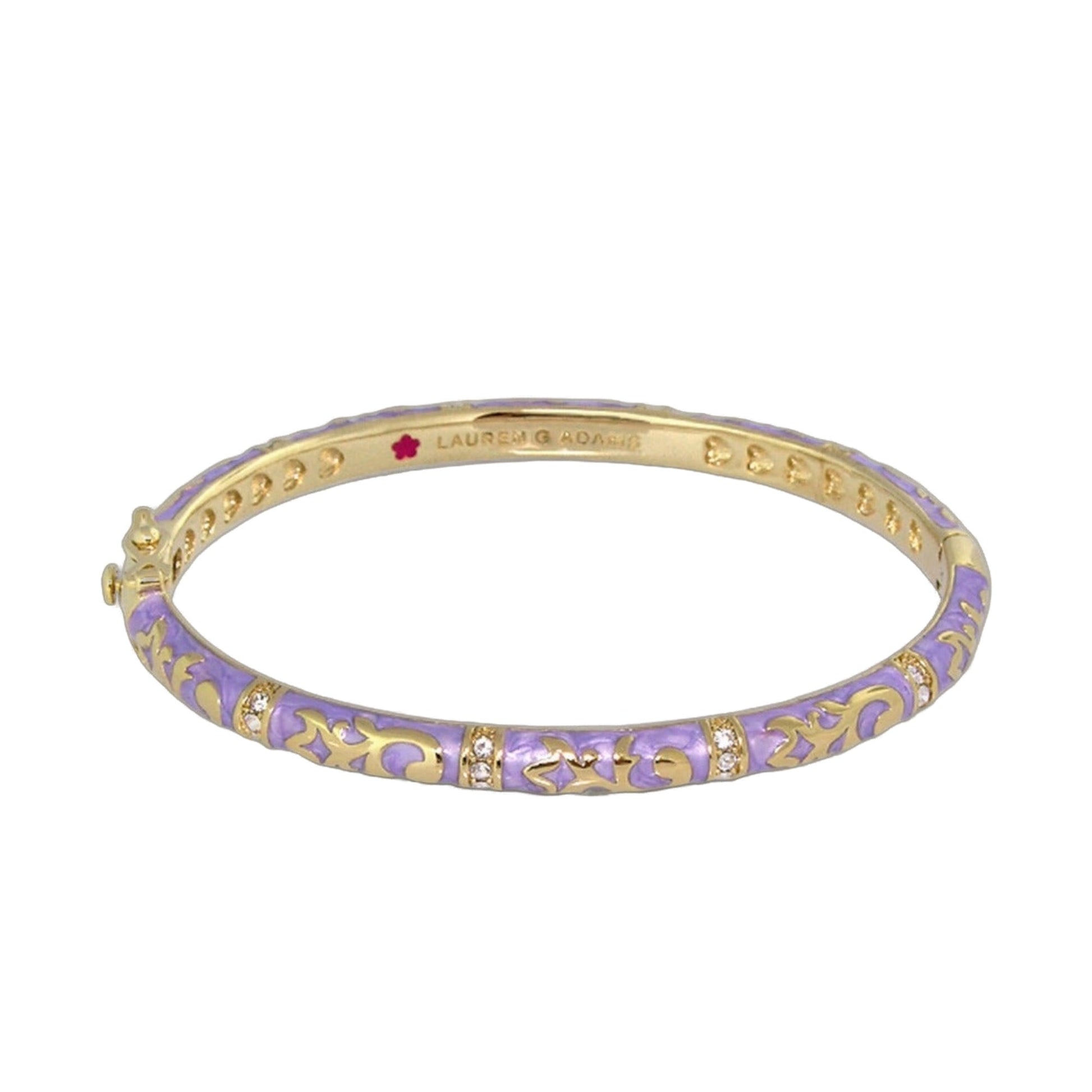 Stackable Fiesta Bangle by Lauren G Adams with purple enamel scroll overlay on gold-tone bracelet on Tampa Home & Garden Store