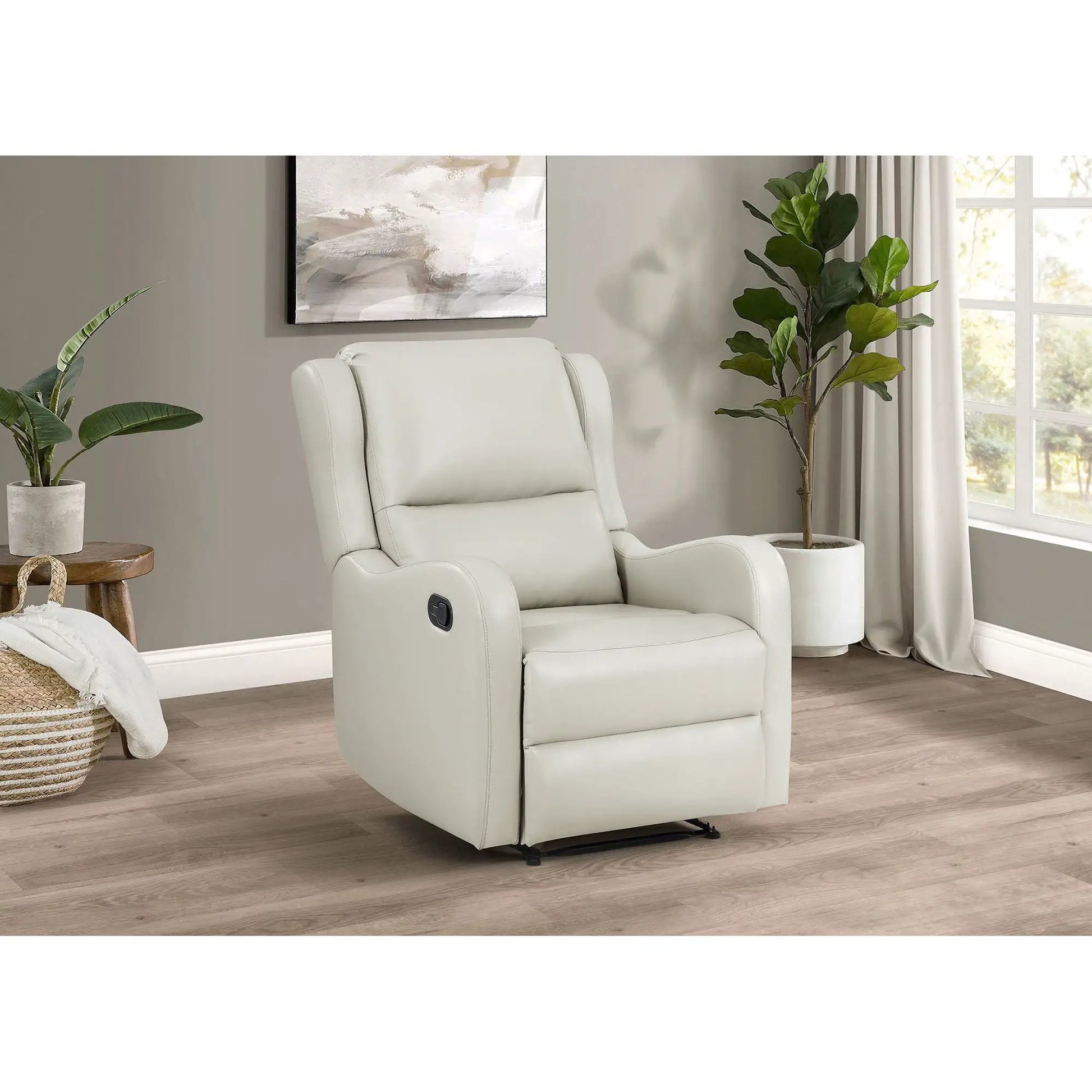 Cortland ivory upholstered English-arm reclining chair with side control in living room on Tampa Home & Garden Store