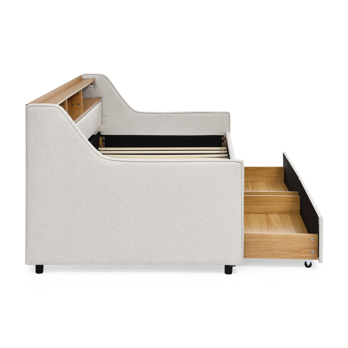 Twin beige upholstered sofa bed with built-in storage drawers and wooden storage unit on Tampa Home & Garden Store