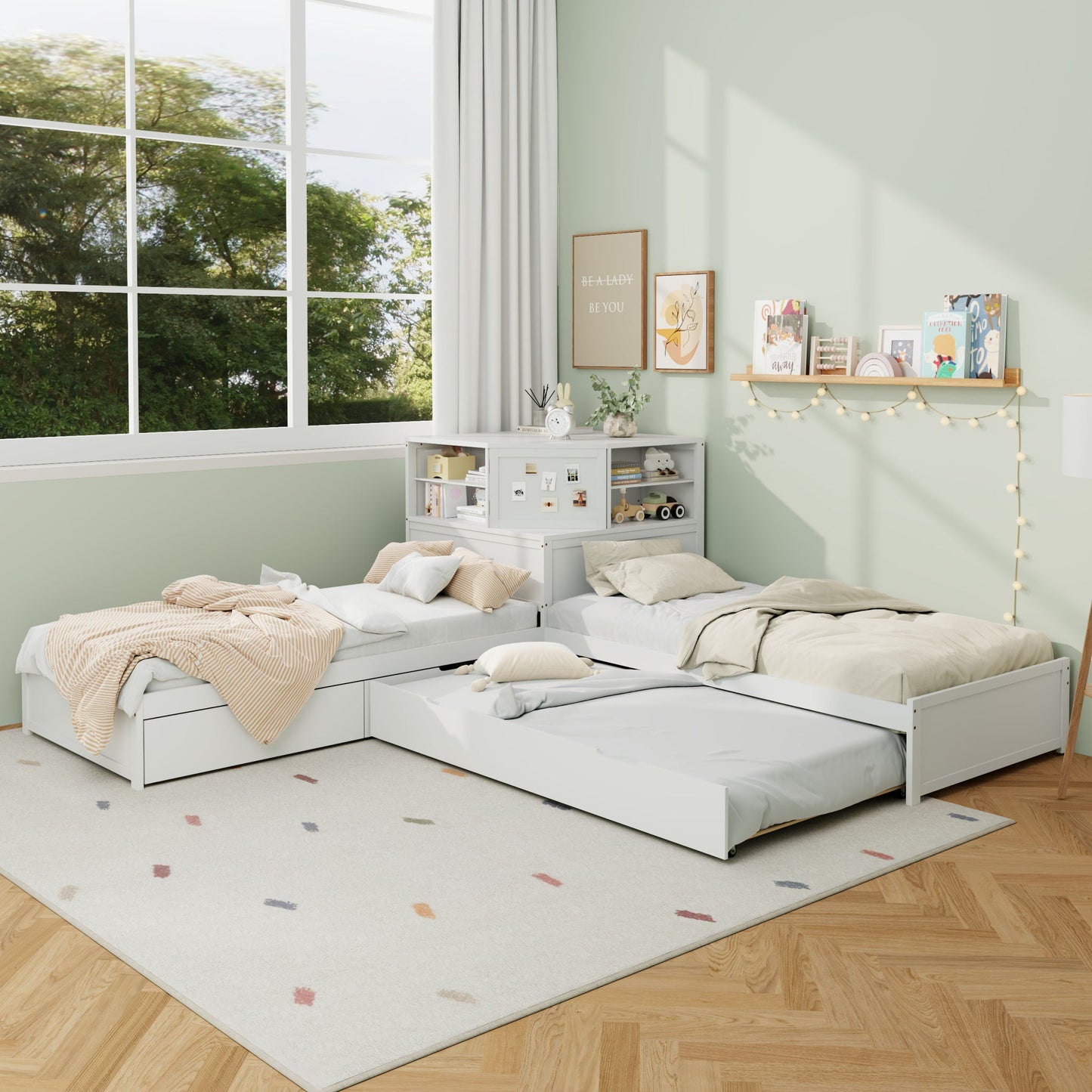 Compact L Shaped Bed Frame with Trundle and Desk