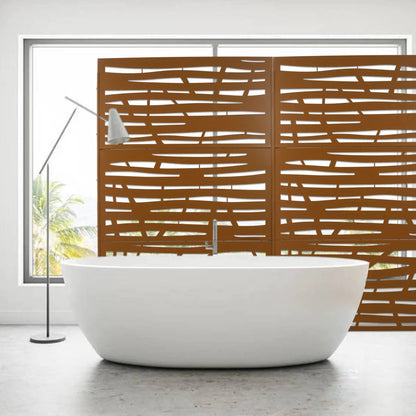 Metal privacy screen room divider, 2-panel brown with abstract slat cutouts on Tampa Home & Garden Store