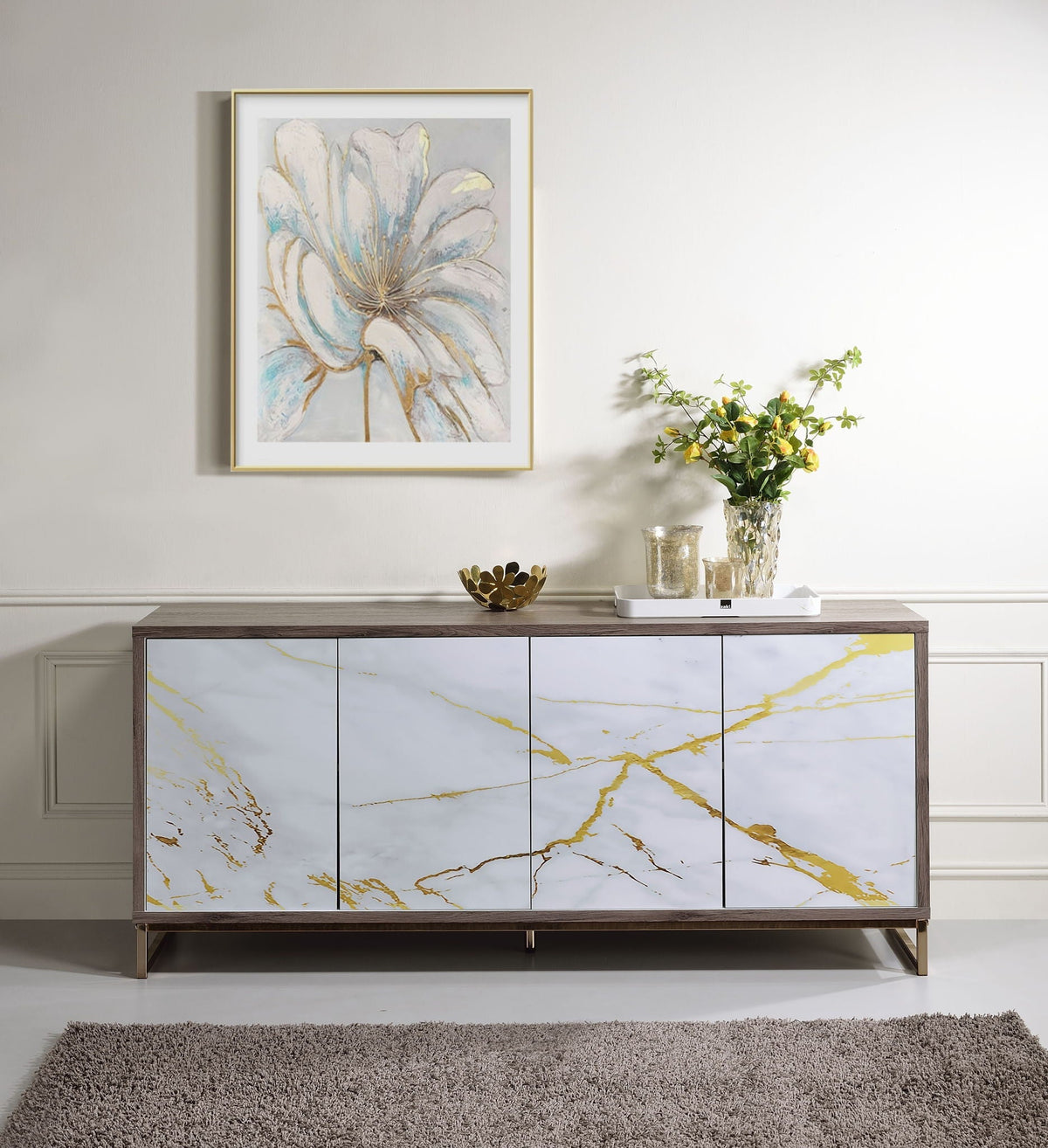 Paavan Console Cabinet in white champagne with marble-patterned doors and gold frame on Tampa Home & Garden Store