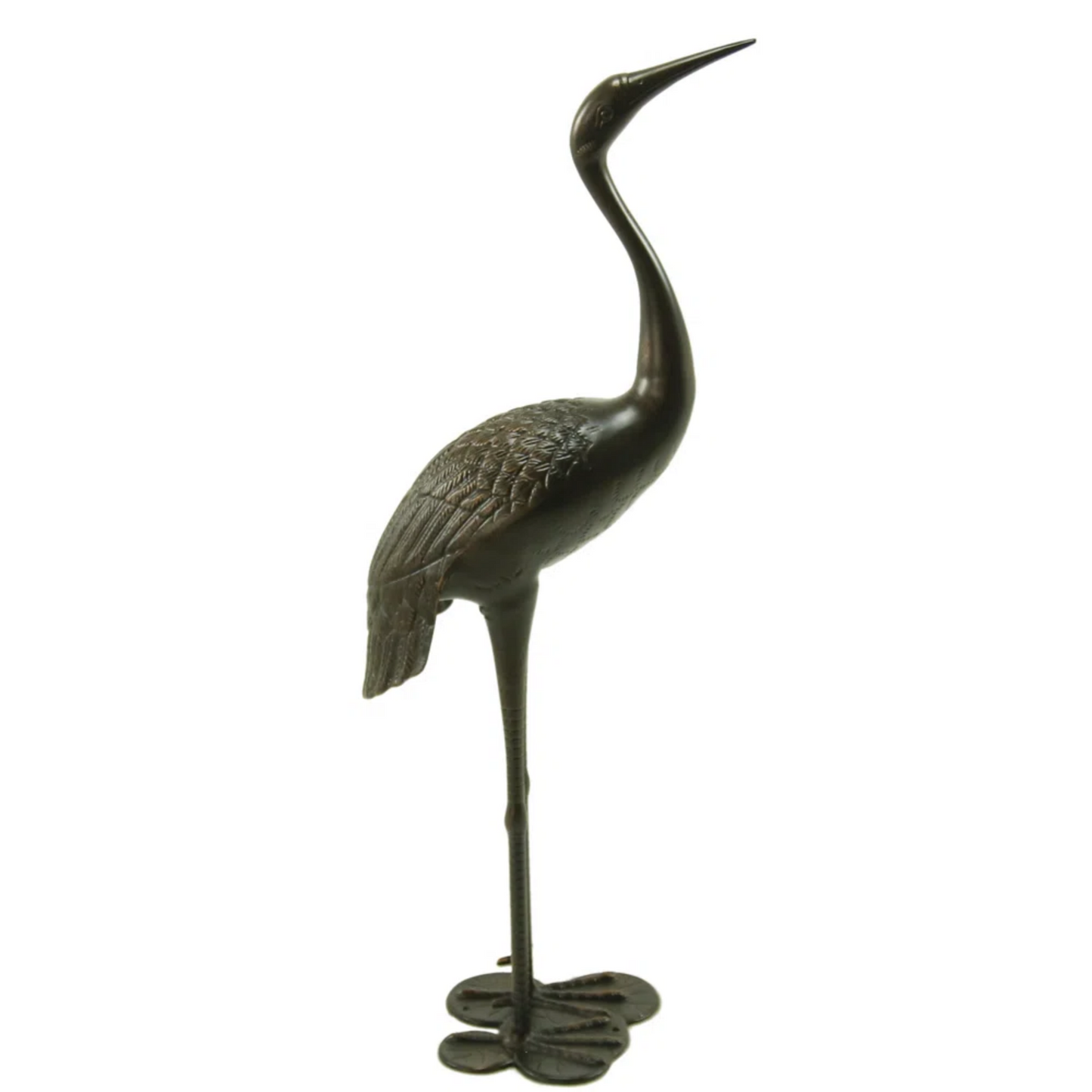 Crane outdoor decor statue in bronze-tone metal with curved neck on base on Tampa Home & Garden Store