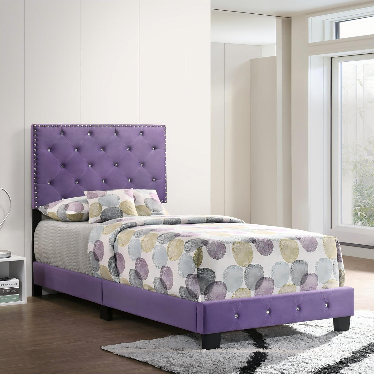 Luxurious Upholstered Bed with purple tufted headboard and studded border by HouseOfZazla on Tampa Home & Garden Store