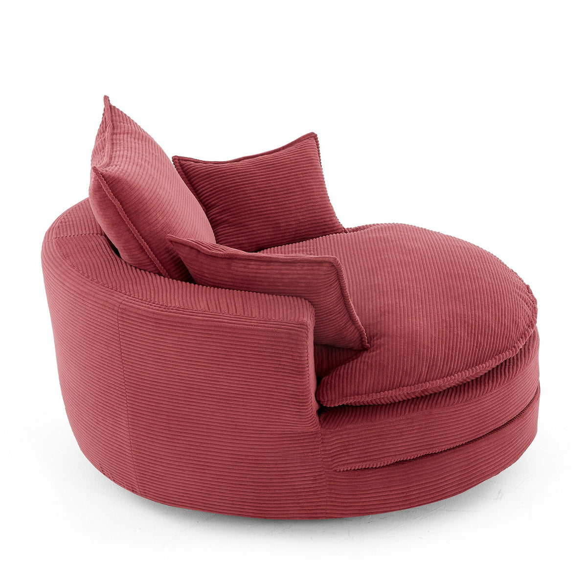 Swivel Barrel Chair with Cushion and Pillows in coral pink corduroy fabric, two cushions on Tampa Home & Garden Store
