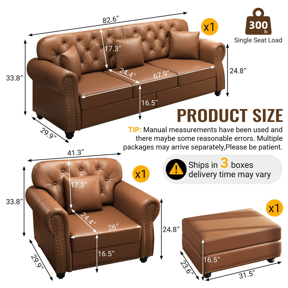 Upholstered Sofa with Nailhead and Ottoman