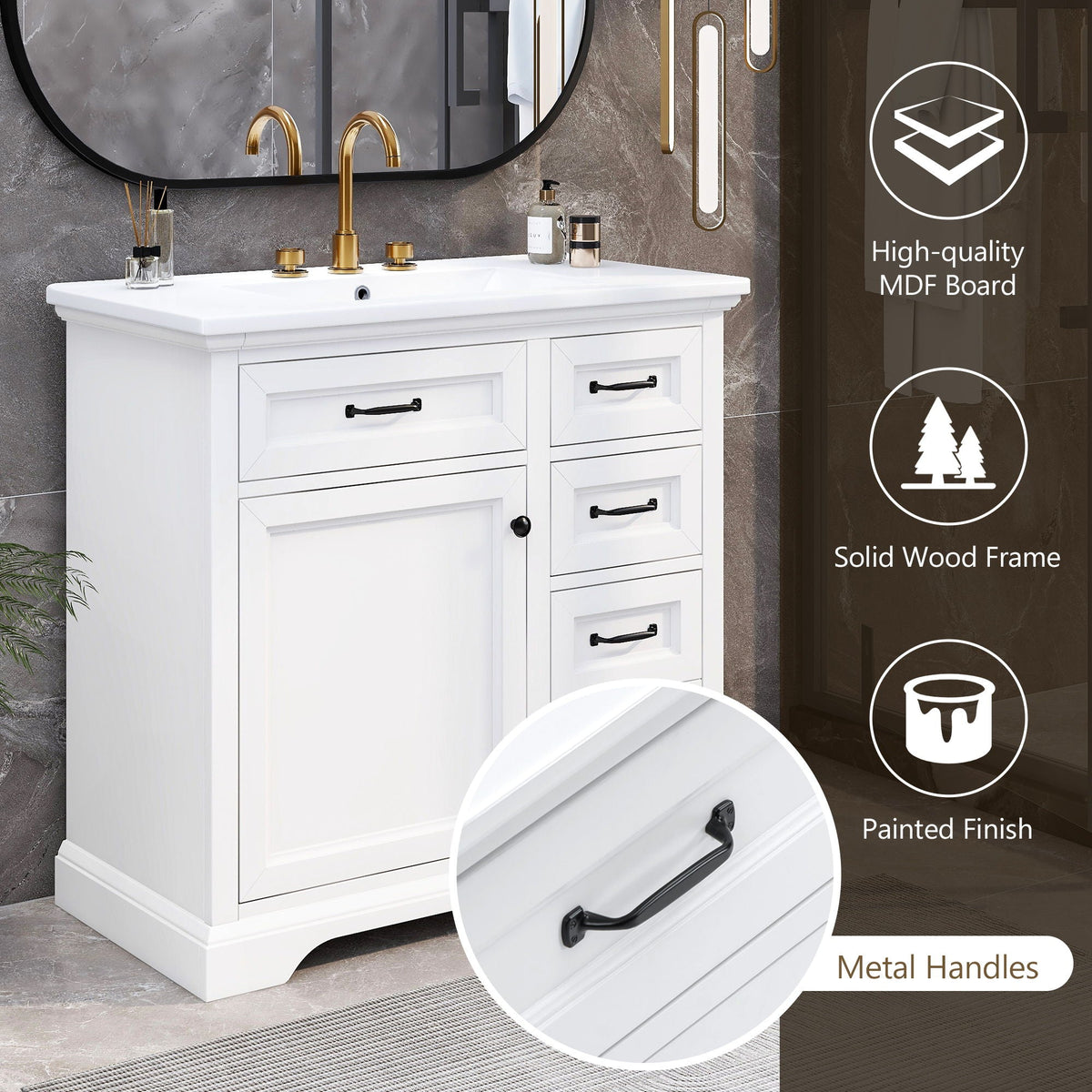 36-inch bathroom vanity with sink, white finish, brass hardware, HouseOfZazla on Tampa Home & Garden Store