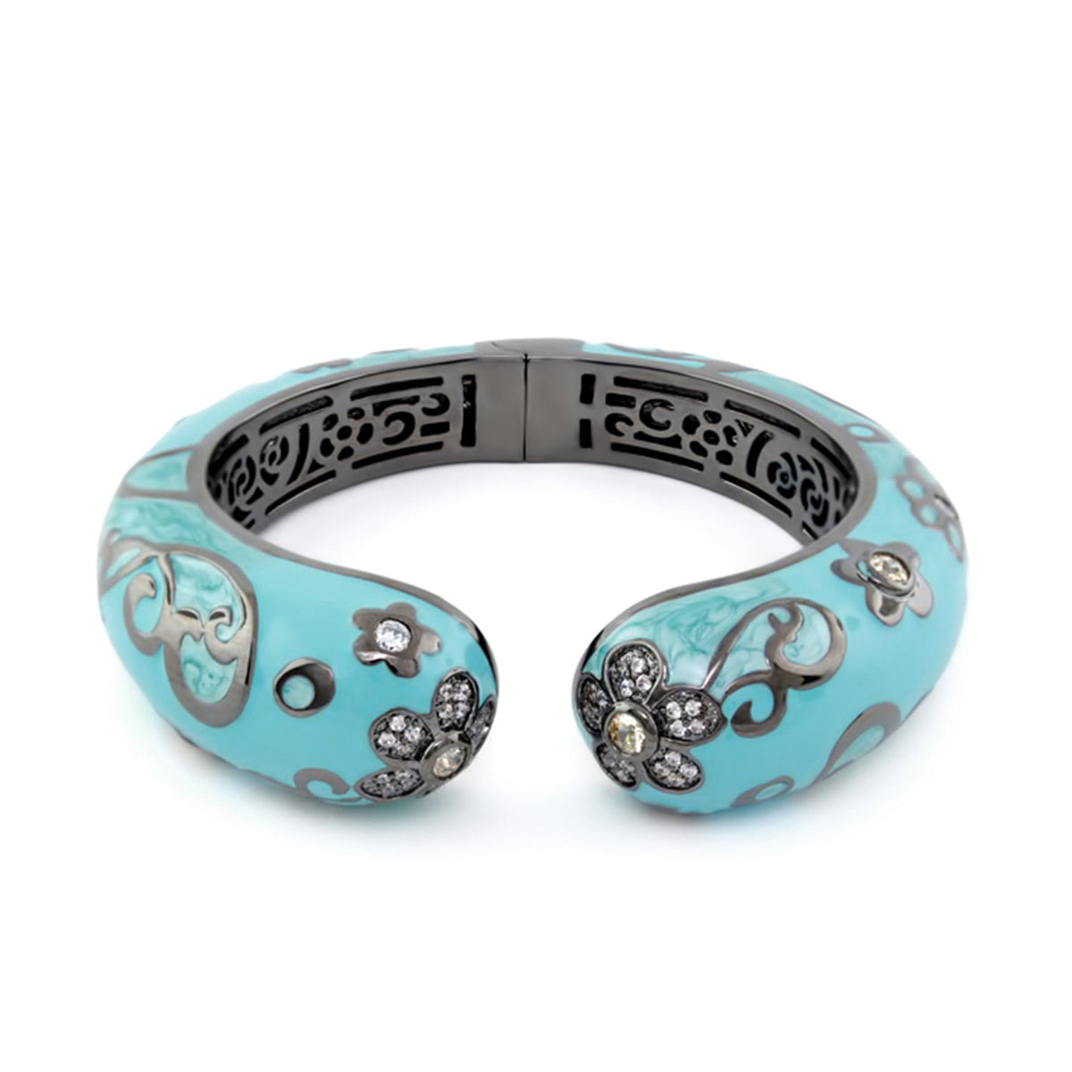 Daisy Swirl Bangle turquoise enamel cuff bracelet by Lauren G Adams with crystal flower accents on Tampa Home & Garden Store