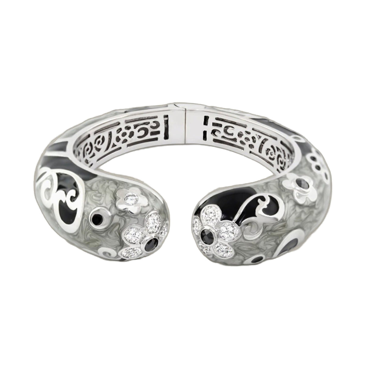 Daisy Swirl Bangle set: two silver stackable bracelets with daisy engravings and crystal accents on Tampa Home & Garden Store