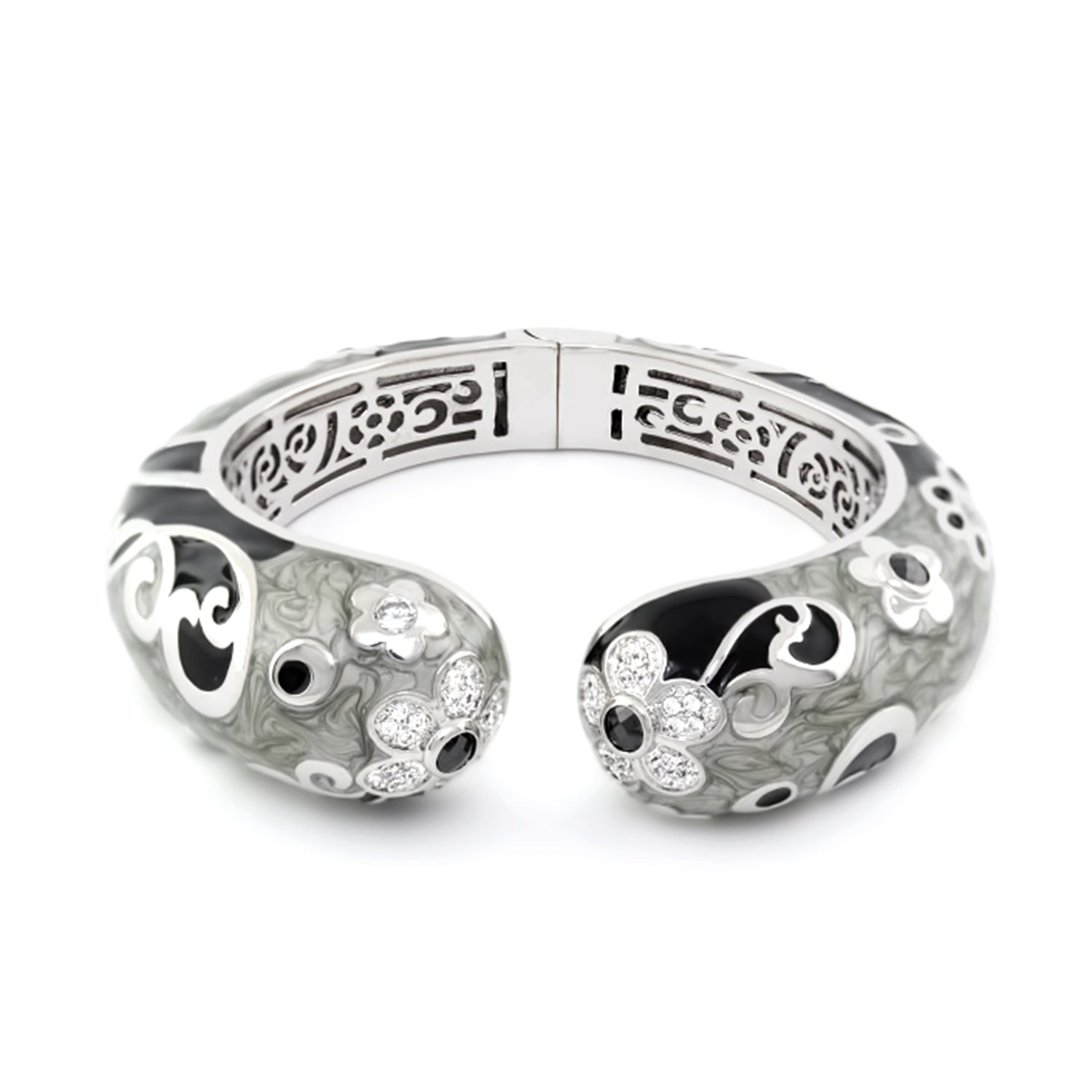 Daisy Swirl Bangle stackable silver bracelet with black enamel and crystal daisies on Tampa Home & Garden Store