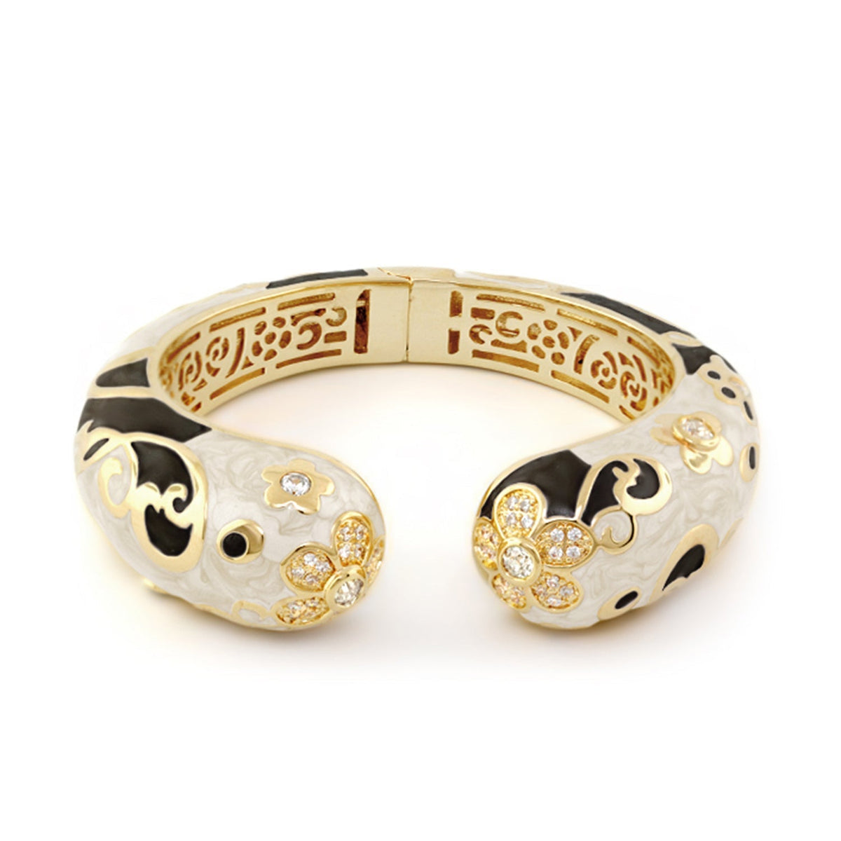 Daisy Swirl Bangle, gold-tone enamel bracelet with black swirls and crystal daisies on Tampa Home & Garden Store