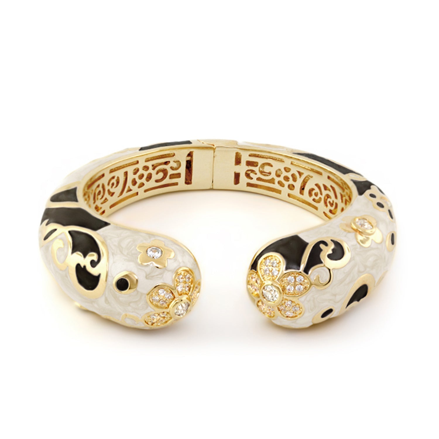 Daisy Swirl Bangle, gold-tone enamel bracelet with black swirls and crystal daisies on Tampa Home & Garden Store
