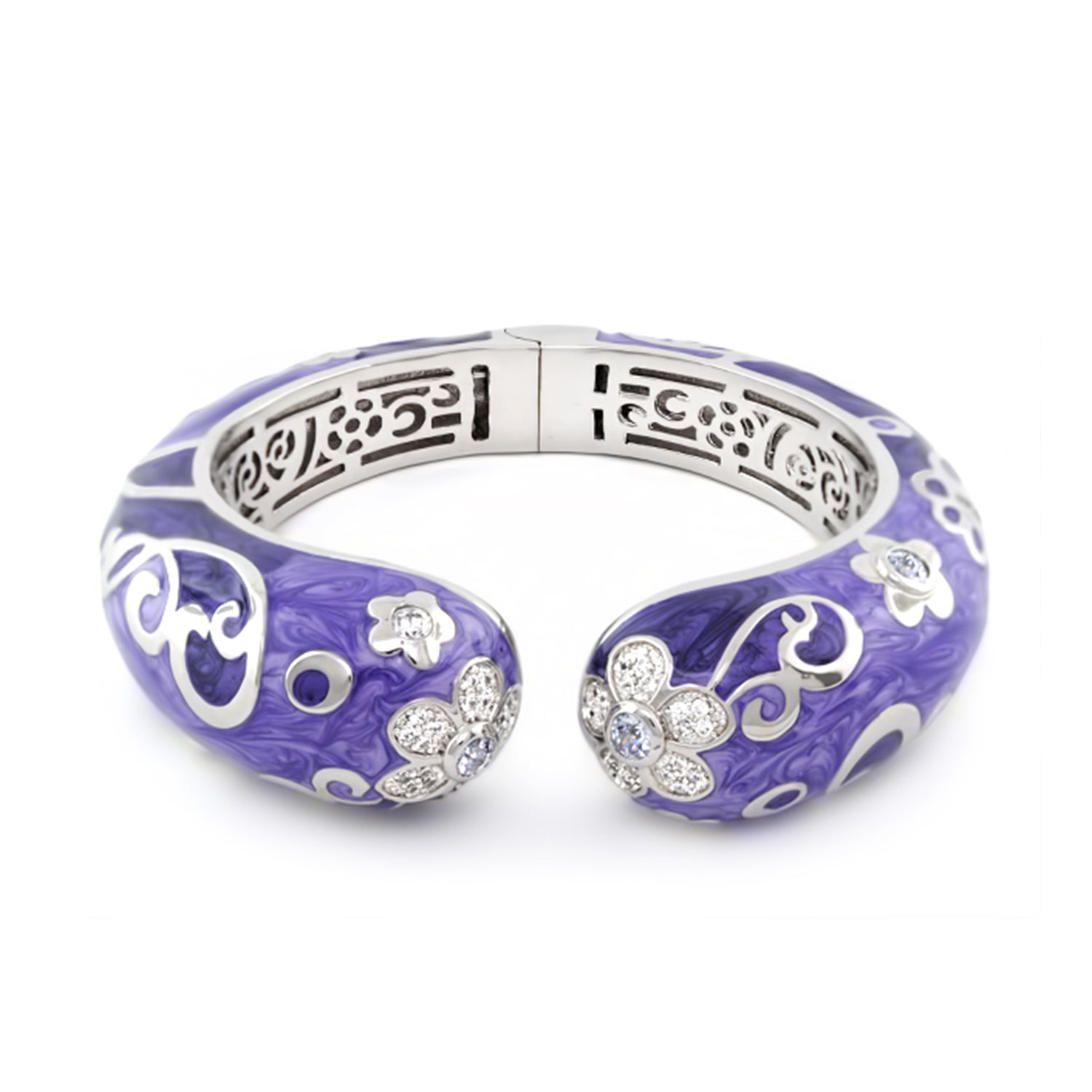 Daisy Swirl Bangle by Lauren G Adams purple enamel bracelet with silver filigree and daisies on Tampa Home & Garden Store