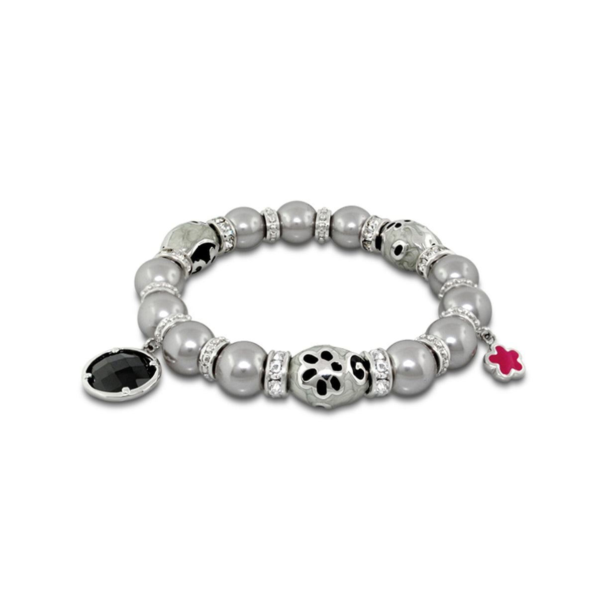 Lauren G Adams Daisy Swirl Bracelet; grey pearl beads, panda-pattern bead, black charm on Tampa Home & Garden Store
