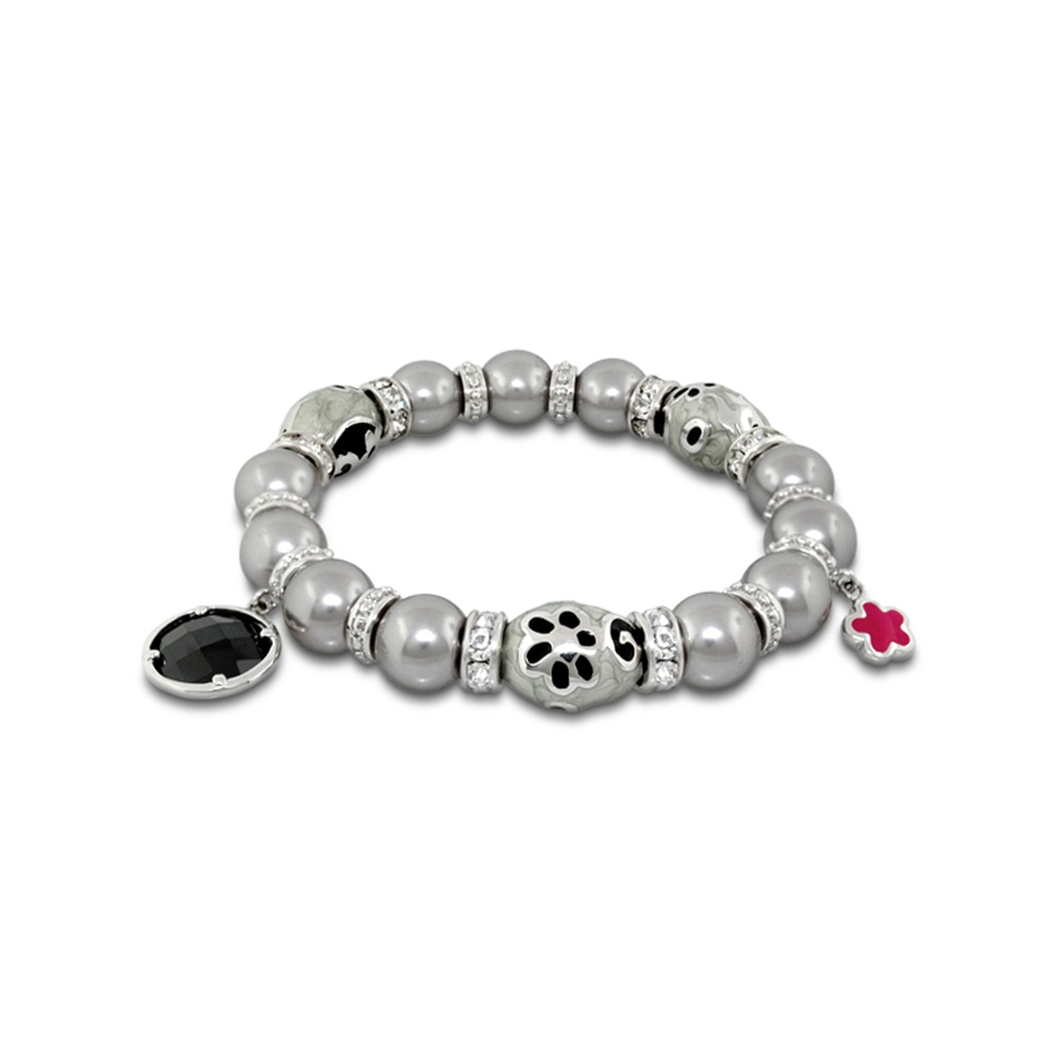 Lauren G Adams Daisy Swirl Bracelet; grey pearl beads, panda-pattern bead, black charm on Tampa Home & Garden Store