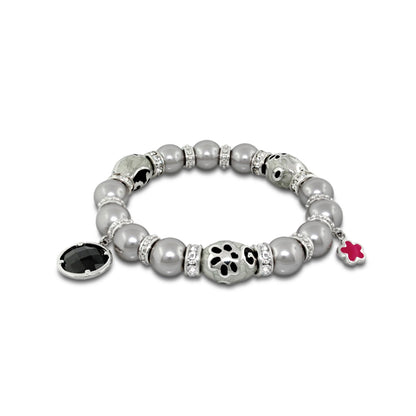 Lauren G Adams Daisy Swirl Bracelet; grey pearl beads, panda-pattern bead, black charm on Tampa Home & Garden Store
